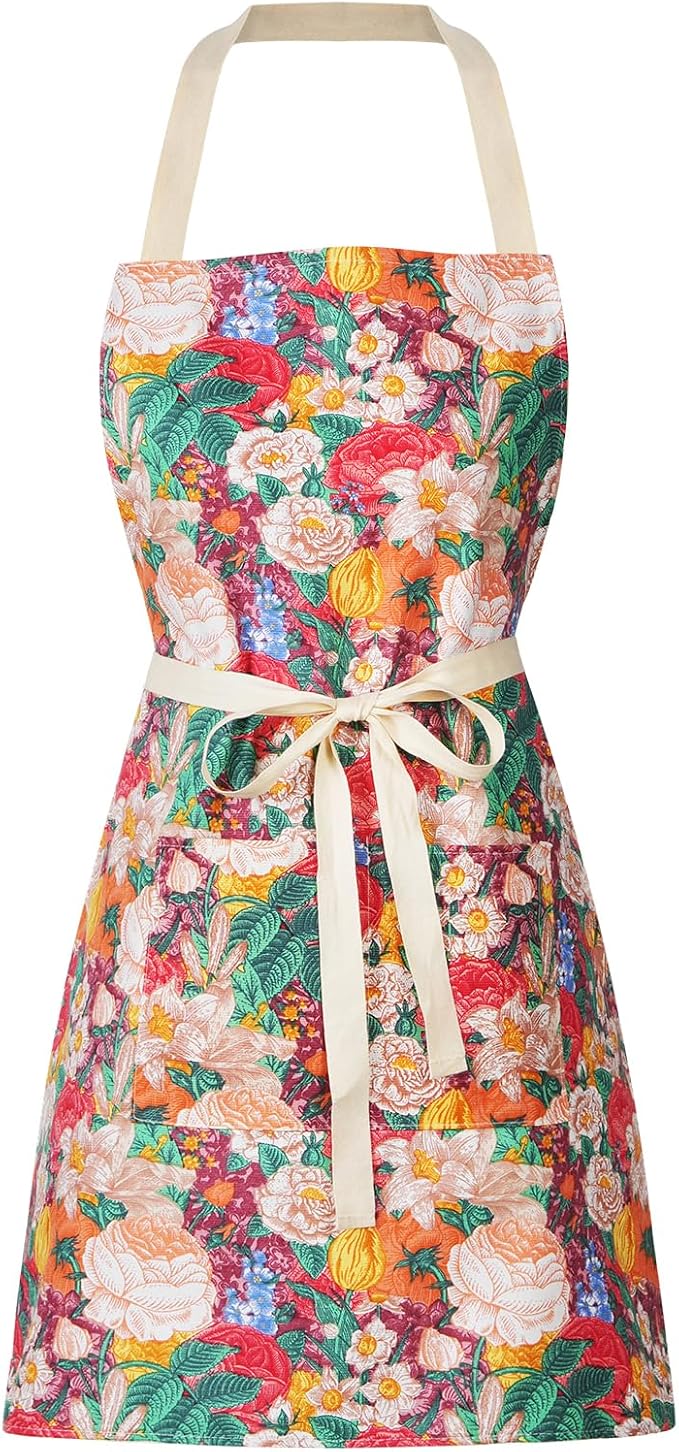 DILLMAN 2 Pack Floral Aprons with Pocket Blooming Womens Waterproof Adjustable Cooking Aprons Kitchen Gardening Salon