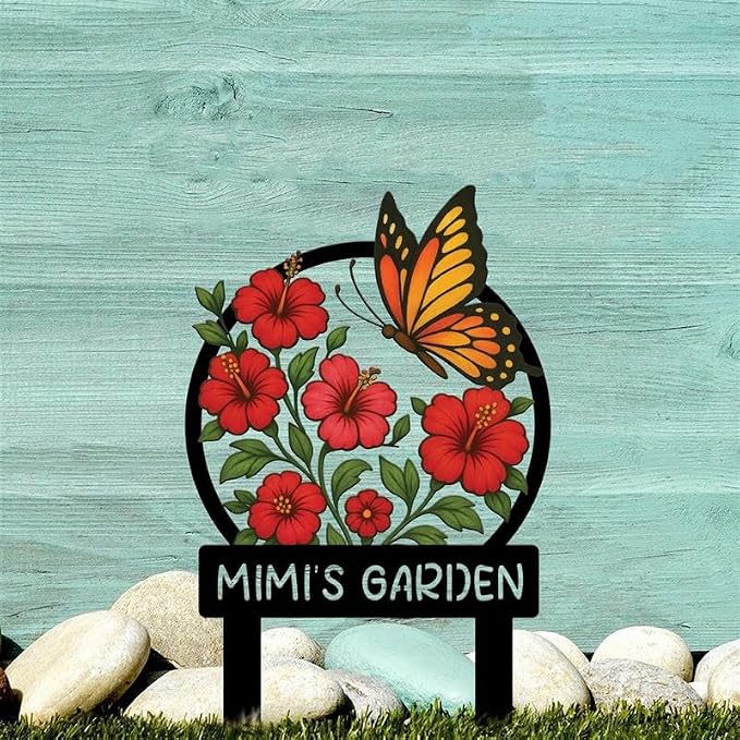 Personalized Metal Yard Sign for Mother's Day, Bird & Flower Design, Gift for Garden Lovers, Metal Sign, Garden Decor (Red flower)