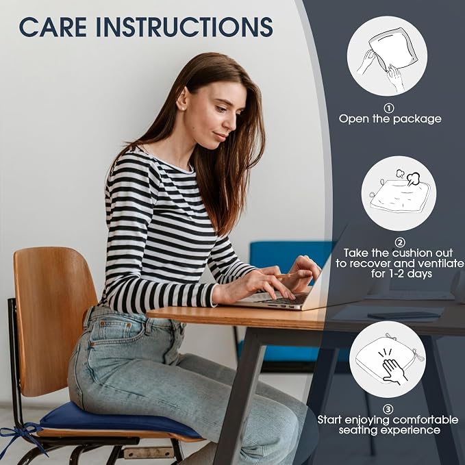 TushGuard Chair Cushions, 4 Pack Memory Foam Chair Pads, Seat Cushion, Kitchen Chair Cushions Set of 4, Anti-Slip Backing & Fixed Straps, Navy Blue