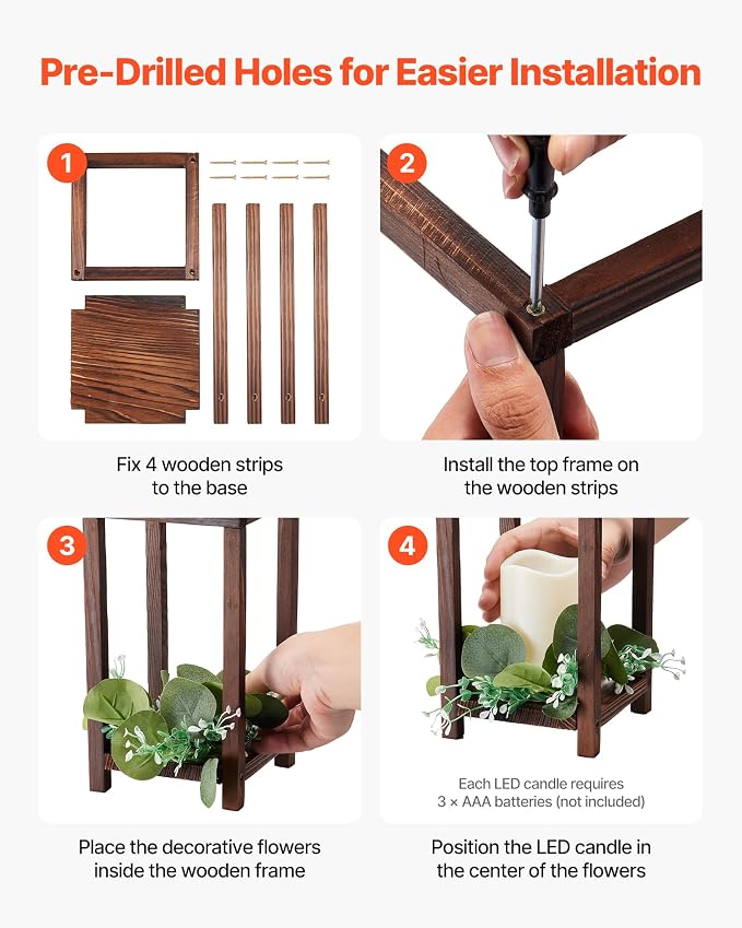 VEVOR 12 Set/36 Pcs Wooden Wedding Lantern Centerpiece, Includes 12 Wooden Lantern Candle Holder 12 Flameless LED Candle 12 Eucalyptus Leaves Wreath for Wedding Table Party Farmhouse Decor, Brown