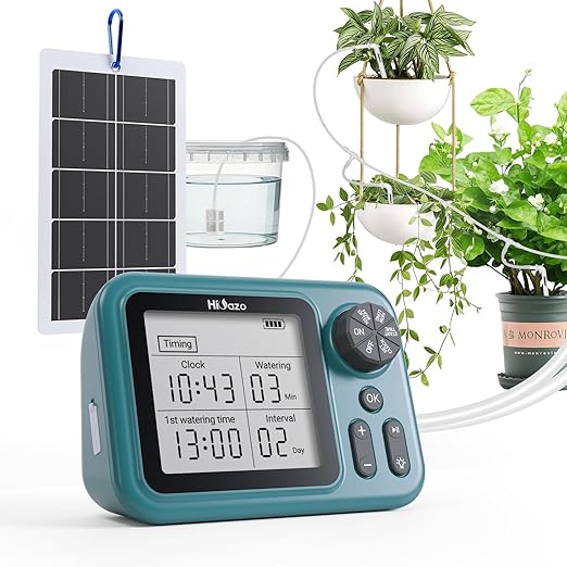 Solar Automatic Drip Irrigation System for Indoor Plants, HiOazo Automatic Watering System with 4W Solar Panel & USB Charging for Garden Farm Greenhouse (Supported 15 Pots)