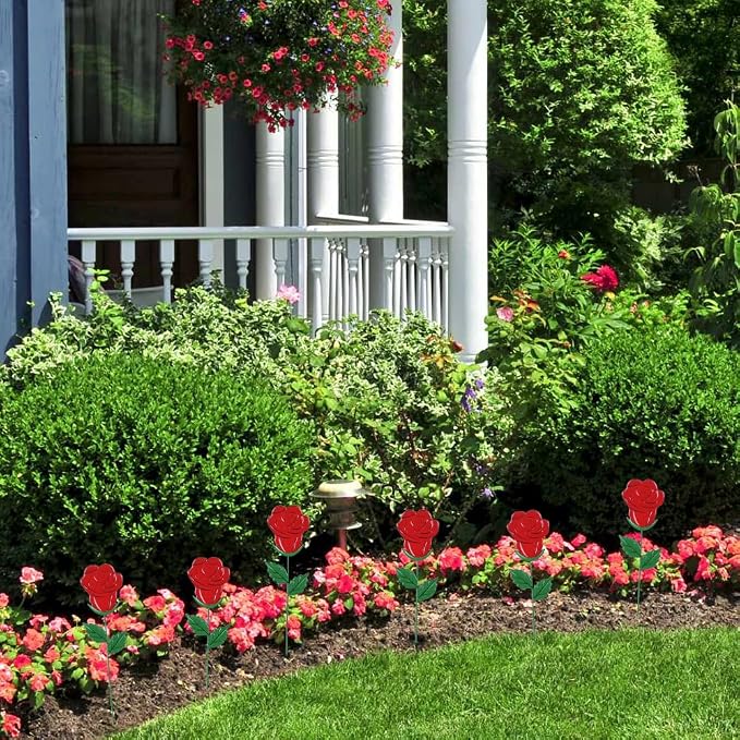 YEAHOME Valentines Day Decorations Outdoor, Set of 6 Rose Metal Flowers Decorative Garden Stakes for Valentines Day Decor, Lovely Yard Stakes for Home Lawn Pot Flowerbed Wedding Anniversary