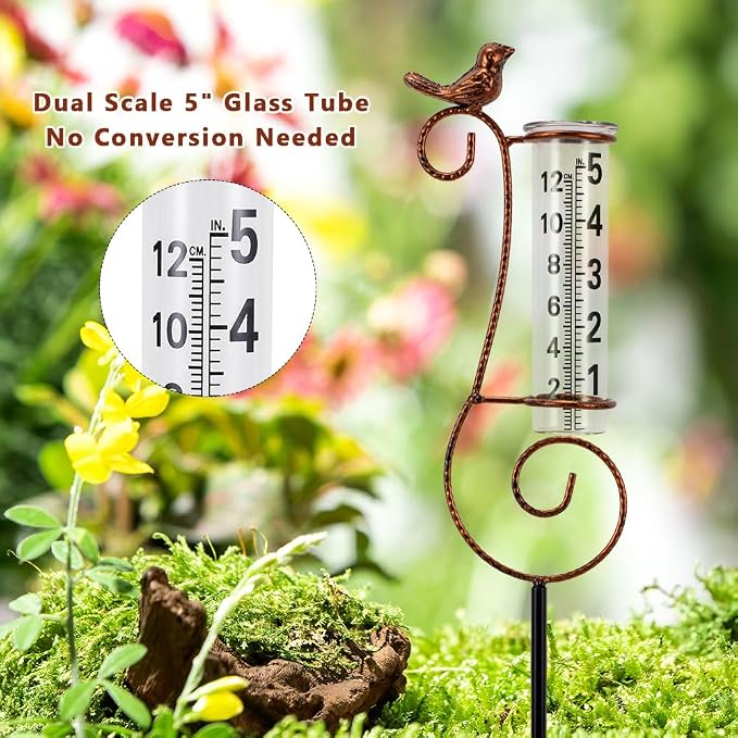 Rain Gauge Outdoor, Hummingbird Rain Gauges for Yard, Freeze Proof Rain Gauge with 7" Glass Tube, Metal Decorative Garden Stake for Measuring Precipitation