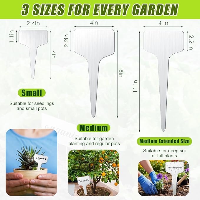 Hicarer 24 Pcs Medium Extended Size Metal Plant Labels Weatherproof Garden Markers 11" x 4" Engraving Stainless Steel 304 T-Type Reusable Nursery Plant Tags for Outdoor Garden Greenhouse Vegetables