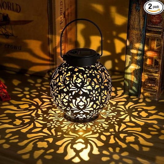 2 Pack Outdoor Solar Hanging Lantern Lights Metal LED Decorative Lamp for Garden Patio Courtyard Lawn and Table with Hollowed-Out Design (Bronze)