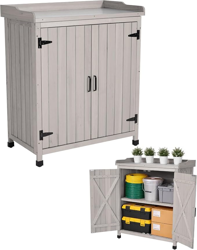Outdoor Potting Bench with Metal Top, Wooden Garden Storage Cabinet & Tool Shed, Weather-Resistant Workstation for Patio, Backyard, Poolside (Gray)
