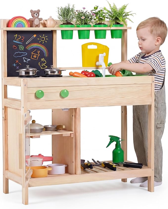 Costzon Mud Kitchen, Wooden Toddler Pretend Cooking Playset w/Runing Water, Blackboard, Water Tank, Faucet, Removable Sink, 4 Planting Pots & Stoves, Outdoor Kids Play Kitchen for Boy, Girl 3+ Years