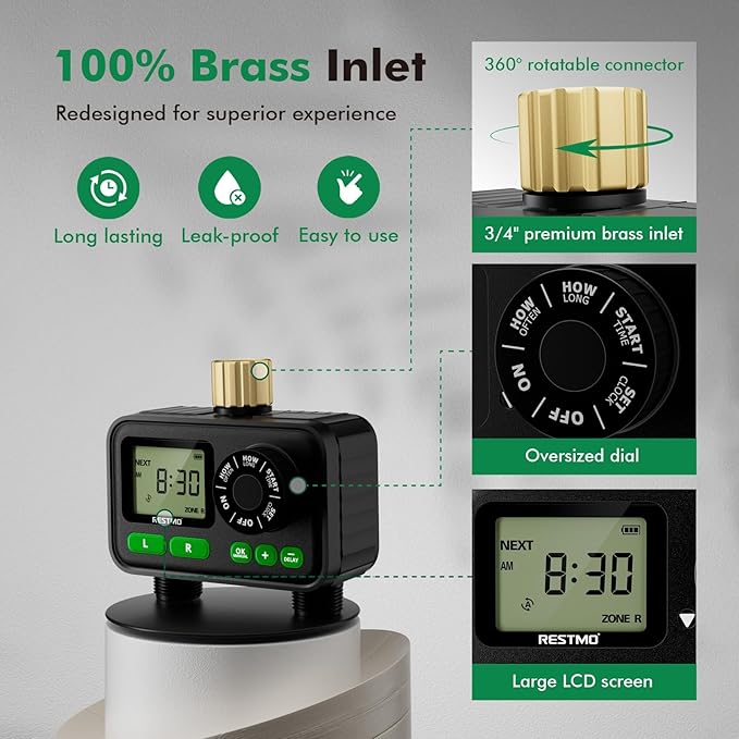RESTMO 2 Zone Programmable Sprinkler Timer for Outdoor Hose Faucet, Automatic Irrigation Timer with Brass Inlet & Large Dial, Rain Delay, 11h59m Max Run Time, for Garden Soaker Hose, Lawn Watering