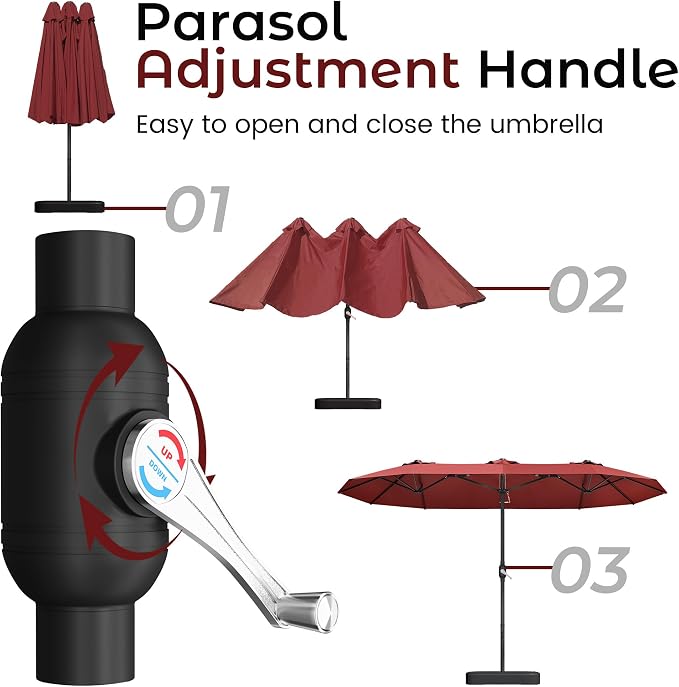 DomeShade 15ft Red Patio Umbrella with Base Included,Rectangle Double Extra Large Table Umbrella Outdoor Giant Umbrella for Porch Pool Lawn Deck,Market,Backyard Outside,Burgundy Red