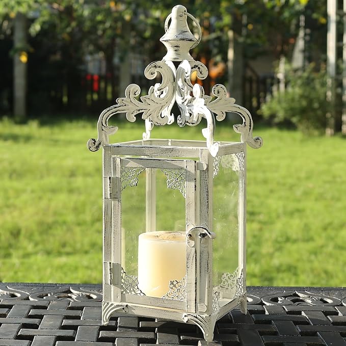 NEEDOMO Lanterns Decorative Indoor, 16" White Hanging Lantern Decor Outdoor, Vintage Metal Large Candle Lantern for Patio, Front Porch, Table, Home Decor, Candle Holder with Clear Glass