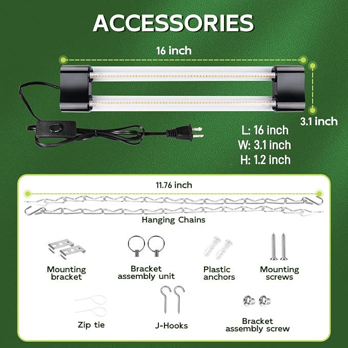 Hlite 16inch 4 Pack LED Grow Lights - Linkable Grow Lights for Indoor Plants, Full Spectrum Plant Lights Plug and Hanging Design with On/Off Switch Hanging Grow Light from Seedling to Flowering, Pink
