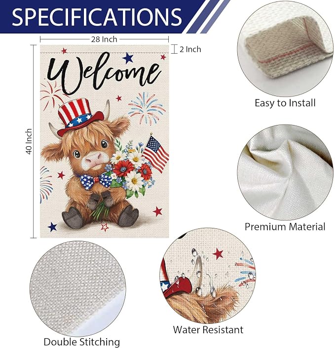 Heyfibro Welcome 4th of July Patriotic Garden Flag 28x40 Double Sided Burlap, Highland Cow with American Flag & Fireworks Yard Banner for Rustic Daisy Independence Day Outdoor Decor