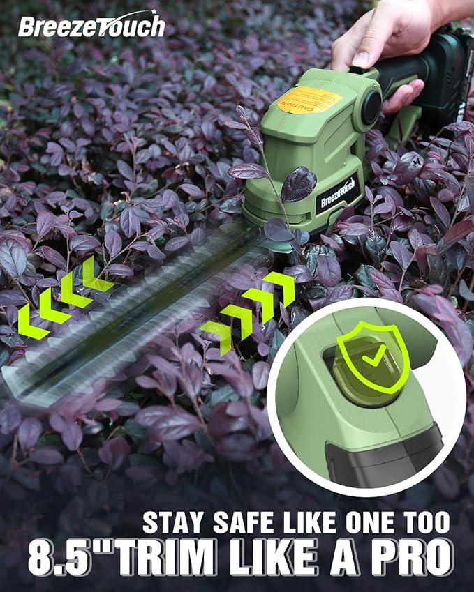 Breeze Touch 21V Hedge Trimmer Cordless with Battery and Charger, 2-in-1 Bush Trimmer Cordless & Grass Shear, Handheld Electric Hedge Trimmers with 4.5"/8.5" Blades for Garden & Lawn