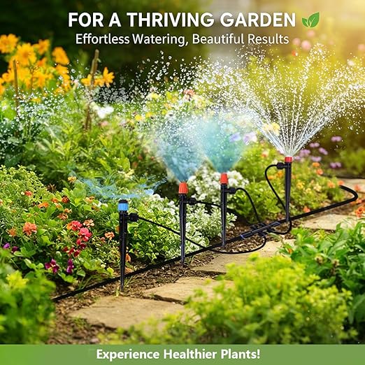 230FT Garden Irrigation System with 40 Nozzles & Emitters, Automatic Watering System with 1/2" & 1/4" Tube and Barbed Fittings, for Raised Beds, Greenhouse, Lawn