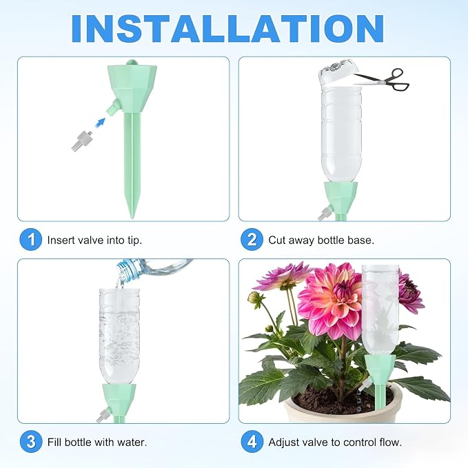 M METERXITY 4-Pack Self Watering Spikes for Plants, 5.3 Inch Plastic Plant Watering Devices with 4 Stoppers for Indoor/Outdoor Pots, Garden Water Planter System [Green]