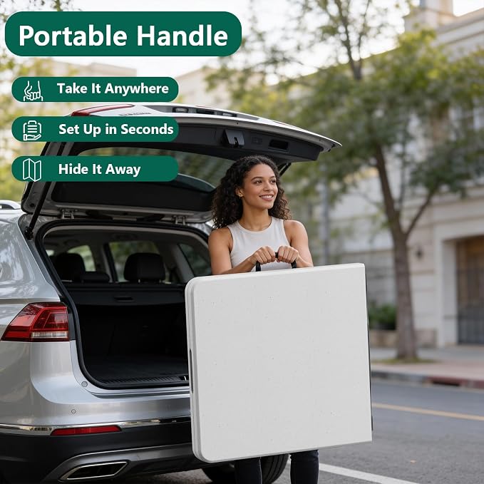 Folding Table 5ft - Heavy Duty Fold-in-Half Plastic Table, Portable Utility Tables with Steel Legs for Indoor, Outdoor, Picnic, Camping, Dining, Party (White)