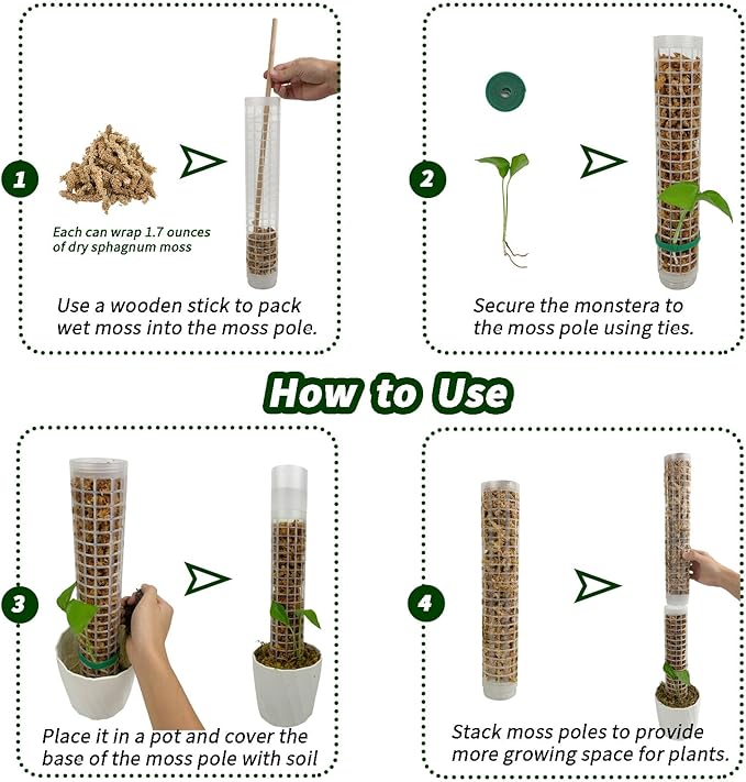 Moss Pole 17.4 inch, 2 Pack Monstera Plant Support, Plastic Self-Watering, Stackable Design - Ideal for Medium to Large Plants