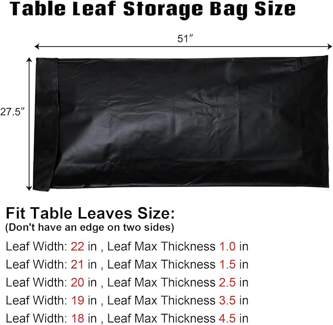 Table Leaf Storage Bag Padded 1 Pack, Heavy Duty Dining Table Leaf Bag, 51'' x 28'' Thick Flannel Backing Dining Table Cover Protector, Scratch Resistant, Fit 50‘’ x 26‘’ Table Leaves, Black