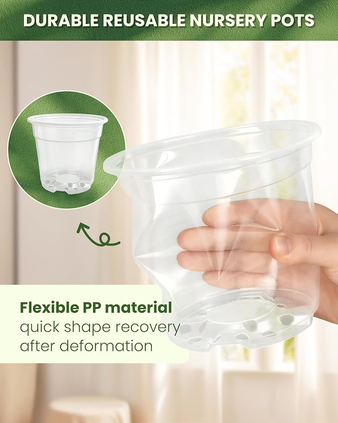 24 Packs Clear Nursery Pots for Plants with Saucers, 7/6/5/4 Inch Plastic Flower Pots with Drainage Hole, Variety Pack Seedlings Plant Pot with 24 Plant Labels