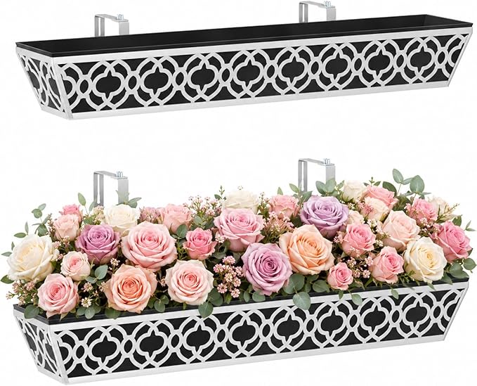 2 Pack 36 Inch Railing Planter Boxes with Adjustable Brackets & Non-Woven Liner, Deck Window Hanging Flower Box for Balcony, Fence, Patio, Outdoor Garden, Gray