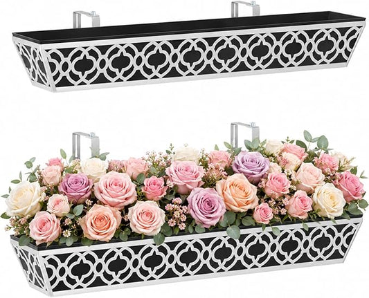 2 Pack 36 Inch Railing Planter Boxes with Adjustable Brackets & Non-Woven Liner, Deck Window Hanging Flower Box for Balcony, Fence, Patio, Outdoor Garden, Gray