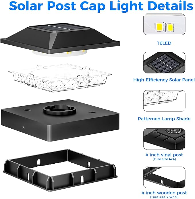 Peasur 4x4 Solar Post Cap Light 10 Pack, 2 Modes 16 LED Fence Deck Post Lights Waterproof, Black Post Lights Solar Powered Outdoor, Fit 4x4, 3.5x3.5 Wood/Vinyl Posts for Porch Fence