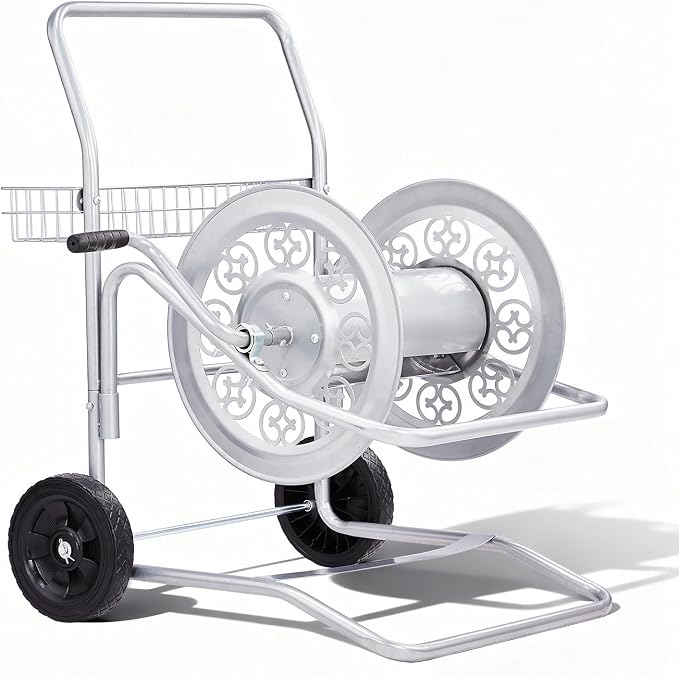 Outvita Garden Hose Reel Cart, Heavy Duty Water Hose Cart for Outside, Lawn Watering, for Garden, Yard, Lawn, Farm, Hold Up to 200 ft of 5/8’’ Hose, 2 PU Wheels, Storage Basket (Silver)