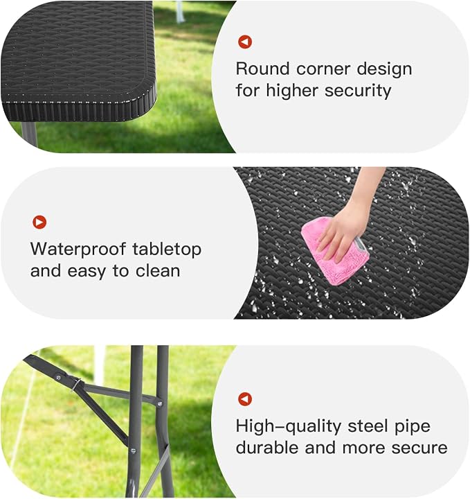 PayLessHere | 6FT Folding Table | Black Ratten | Portable Plastic Table with Carry Handle | Waterproof & Foldable Table Design | Steel Frame with Lock | for Events, Camping, Indoor & Outdoor Use