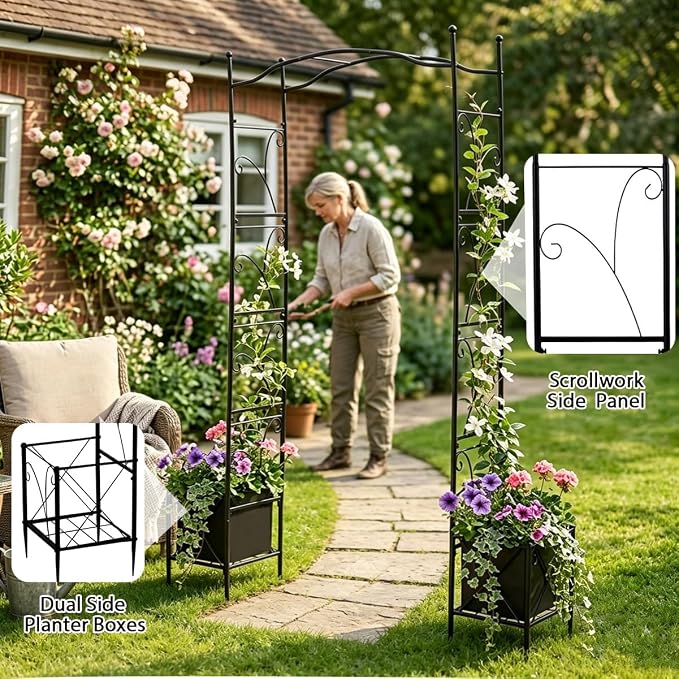 93" Garden Arched Arbor with Planters Outdoor Metal Garden Trellis Flat Top | Arch Trellises for Climbing Plants Vegetables Rose Vine Garden Archway for Backyard Patio Lawn Wedding Party Decoration