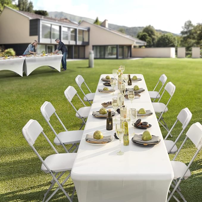 Bonnlo Folding Table 8ft, Portable Collapsible Plastic White Long Tables for Party, Camping, Banquet, Craft, Dining, Wedding, Outdoor and Indoor Use