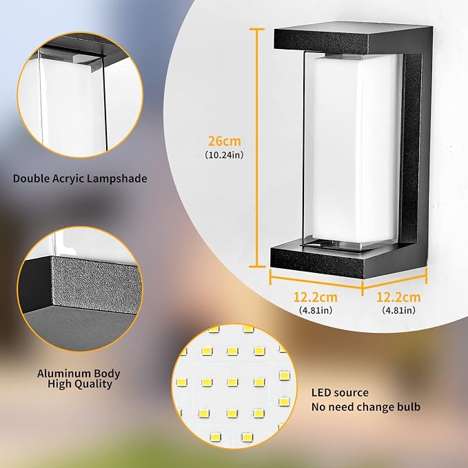 3000K LED 18W Aluminum Rectangular Outdoor Wall Sconce Exterior Light Outside Light Fixture, Black with Warm White, IP64 Waterproof Wall Lights for House Patio Porch Garage
