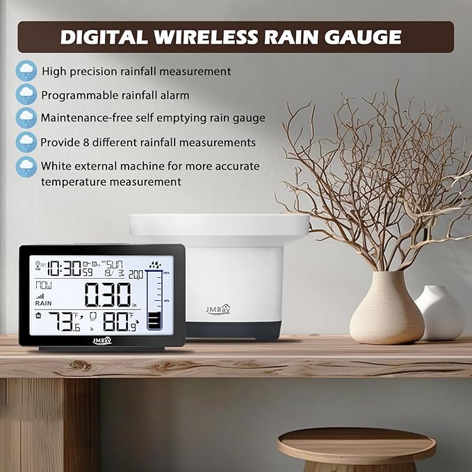 Wireless Rain Gauge Outdoor with Thermometer, High Accurate Digital Rain Gauges Outdoors Best Rated, Electronic Self-Emptying Remote Rain Collector, Freeze Proof Automatic Rain Measure Gauge for Yard