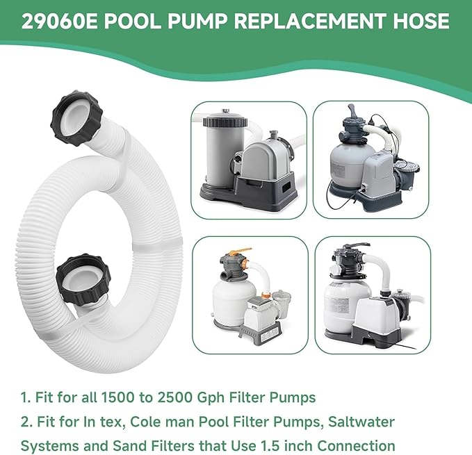 1.5" Pool Pump Hose for Intex Sand Filter Pumps & Saltwater Systems 29060E Pool Filter Hose for Intex & Coleman Above Ground Pools Parts 59" Long replacement hoses with 4 Washers, 2 Pack (2)