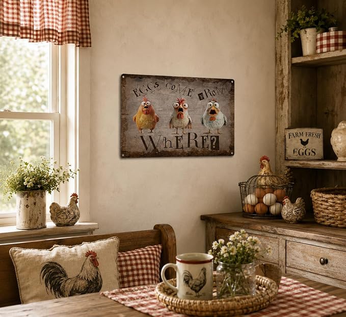 Funny Chicken Metal Sign, Rustic Farmhouse Eggs Come From Where Wall Decor, Humorous Hen Rooster Art Plaque for Chicken Coop Home Farm Kitchen Decor 8x12 Inch