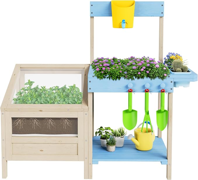 Outdoor Garden Potting Bench Table All-Weather Garden Table Work Station with Transparent Planter Box Raised Garden Bed 3 Side Plant Pots and Storage Shelf for Lawn Garden
