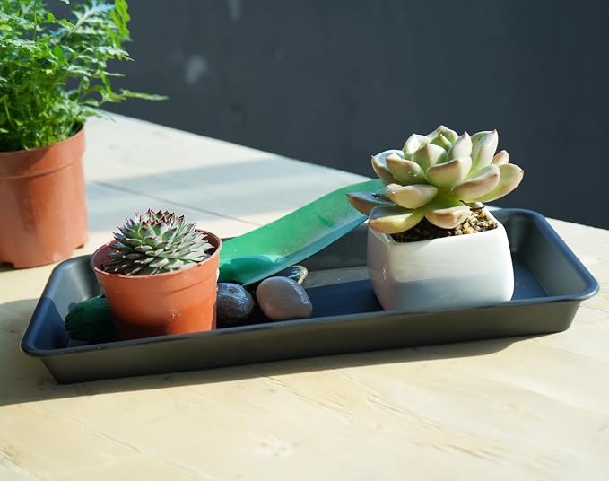 VUWEZ 2 Pack Plastic Plant Saucer, Rectangular, Indoors Outdoor, Drip Tray for Flower Pot, Windowsill (6 X 11 Inch, Black)