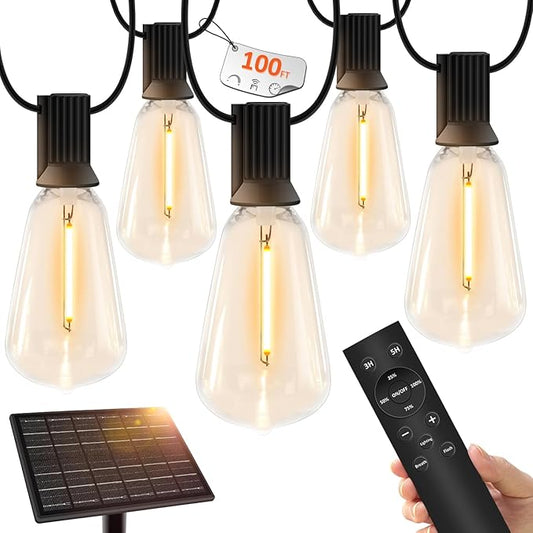 100 FT Solar String Lights Outdoor Waterproof with Remote & USB Port, Solar Power Patio Hanging Lights with Dimmer, Shatterproof LED Edison Bulb Outdoor String Lights for Outside Cafe Yard Fence