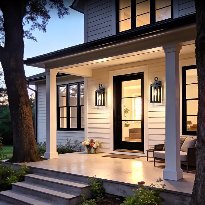Large Outdoor Wall Light Fixtures 2-Pack, Anti-Rust Porch Lights with Clear Glass, 17" Modern Farmhouse Black Exterior Lighting Fixtures, Waterproof Outside Sconce Coach Lights for Garage House