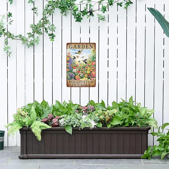 Garden Pollinator Friendly Flower Metal Sign Vintage Tin Sign Funny Wall Decor for Garden Yard Outdoor Kitchen Home 12×8 Inch