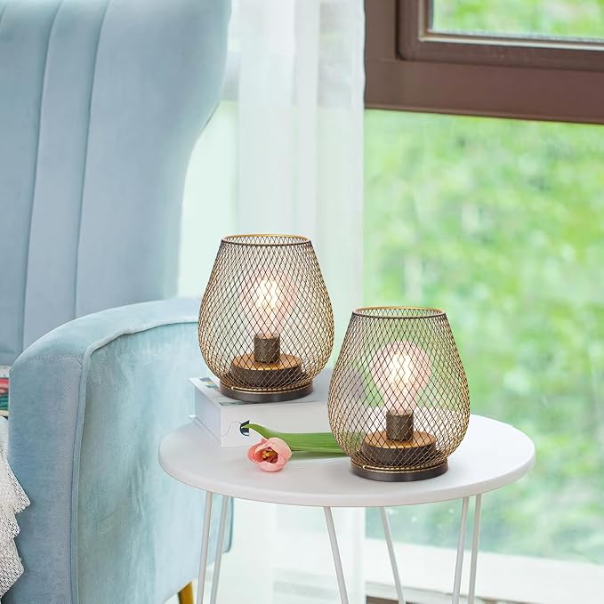 Set of 6 Battery Operated Lamp LED Table Lantern, Golden Metal Cage Cordless Lamps with LED Bulb, Vintage Decorative Outdoor Lantern for Weddings, Party, Patio, Events for Indoors Shelf Decor