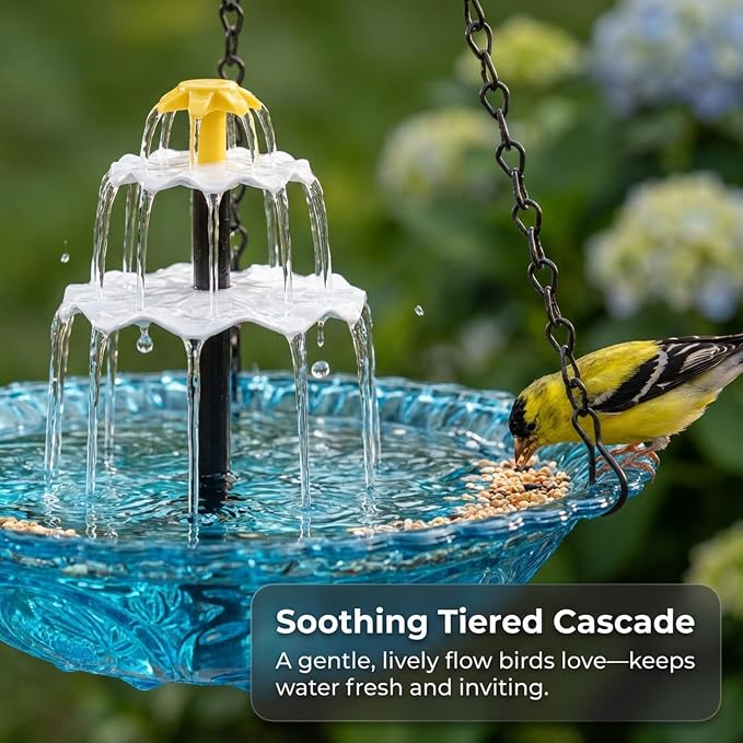 Hanging Solar Bird Bath Fountain EOHMAK Solar Powered Cascading Outdoor Water Fountain, Hanging Bird Bath with Water for Outdoors Garden Patio Backyard Lawn Decor (Blue)