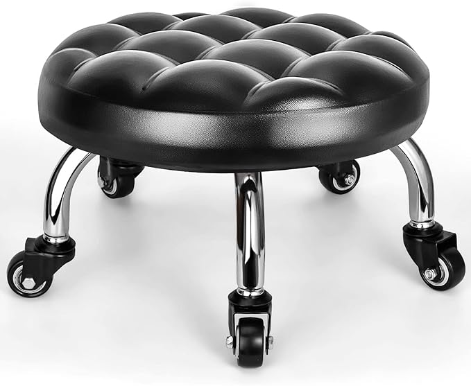 FLOLXNB Low Rolling Stool, Low Stool with Wheels, PU Leather Low Roller Seat Chair, Rolling Seat Stool for Home Office Garage Shop (Style 1)