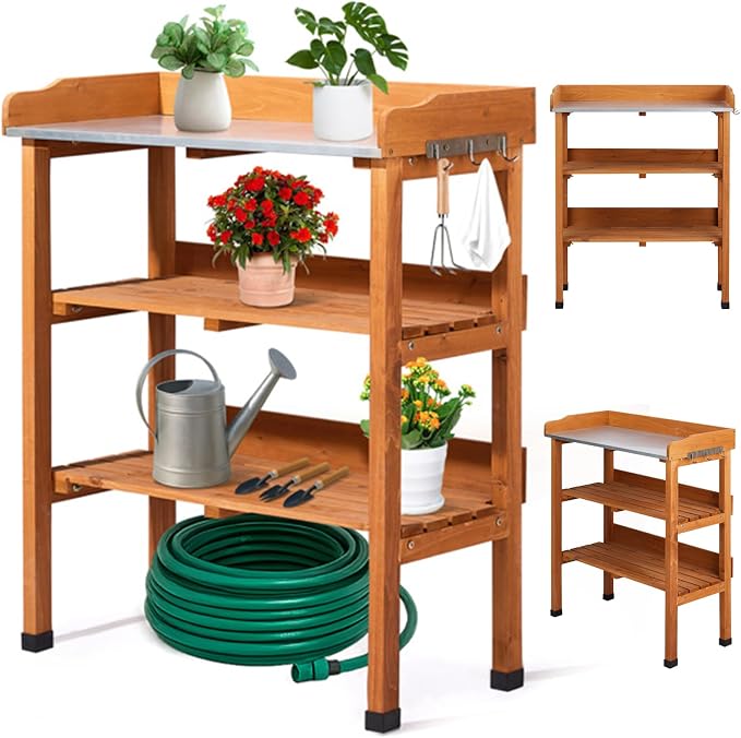 Outdoor Potting Bench Garden Work Station, Solid Wood Planting Table w/Sink Drawer Shelves,Metal Top, Folding Patio Furniture for Porch Balcony (29.1 x 14.2 x 35.6(Orange Yellow))
