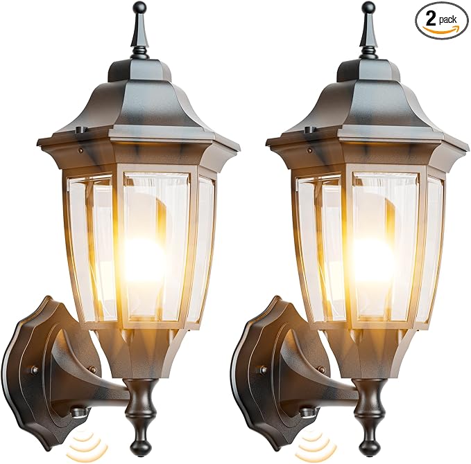 EMART Dusk to Dawn Outdoor Porch Light, Exterior Anti-Corrosion, Waterproof Aluminum & Glass Shades Wall Lamp Fixture, Modern Sconce Lantern for Yard, House, Garage - 2 Pack, Black （Bulb Included）