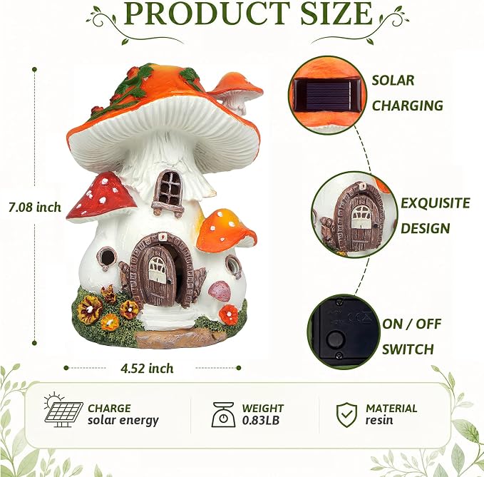 Solar Mushroom House Garden Decor, Fairy Garden Mushroom Cottage Figurines for Outdoor Lawn Patio Pathway Decoration, Gift for Women Mom Grandma