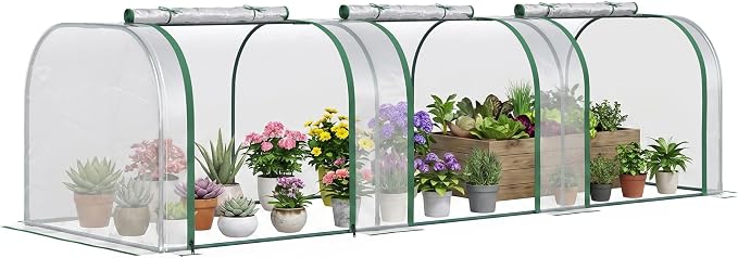 Outsunny 10' x 3' x 2.5' Mini Greenhouse, Portable Tunnel Green House with Roll-Up Zippered Doors, UV Waterproof Cover, Steel Frame, Clear