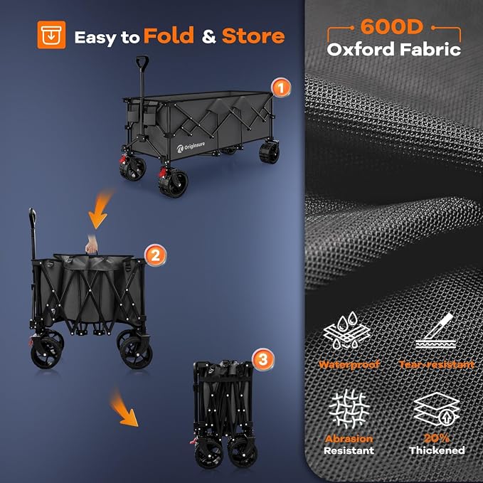 Originsure 48" L Collapsible Wagon Cart Foldable, 560lbs Weight Capacity 300L Heavy Duty Folding Beach Wagons with Big All-Terrain Wheels, Utility Carts for Groceries, Camping, Sports - Grey