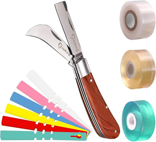 NAYE Garden Grafting Knife with Grafting Tapes and Plant Labels,Stailess Steel Striaght/Curved Blades for Pruning Fruit Tree Grafting Budding Tree Repair