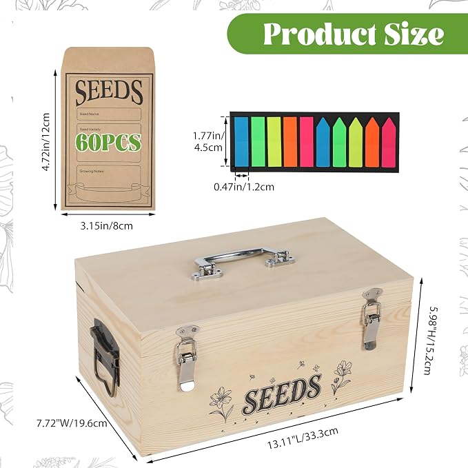 13.1”×7.7”×6” Wood Seed Storage Box 60pcs Seed Envelopes Fluorescent Index Tabs Seed Saving Organizer Box with Removable Dividers Safety Lock Side Handles Top Handle Gifts for Gardener Friends
