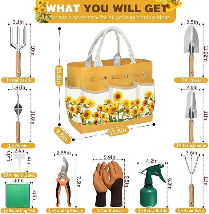 22Pcs Gardening Tools Set for Women Heavy Duty Garden Hand Tool Kit,Birthday Gifts for Mom Wife Grandma Beginner,Gardening Accessories with Sunflower Tote Bag/Shovel/RepottingMat/Plant Labels/Gloves